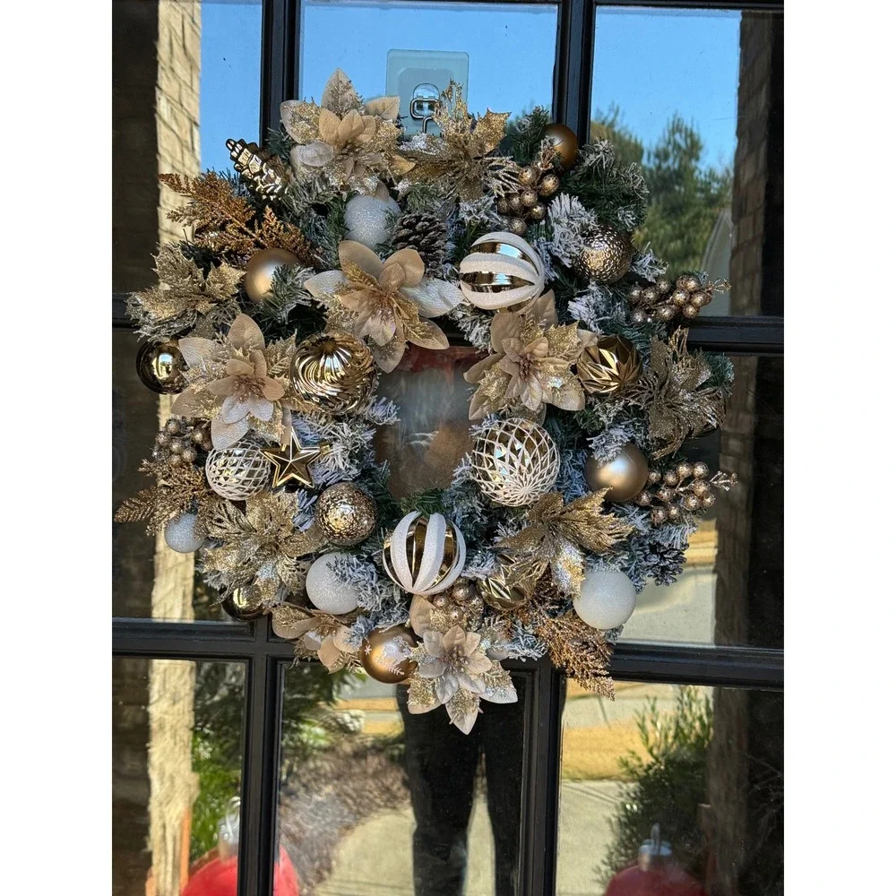 Elegant Gold Christmas Wreath Frosted Pine Poinsettia Ornaments Bells Door Decor